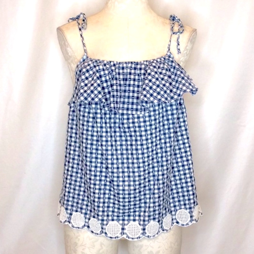 J. Crew blue & white checked ruffle tank top. (JJ131)